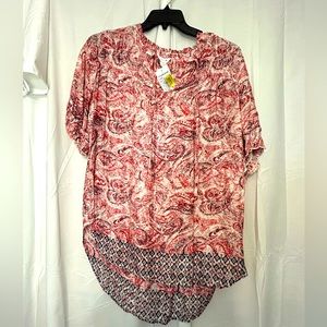 Intro 1X Women's Plus Size Pink Paisley Print  Peasant Tunic Top Blouse  NWT
